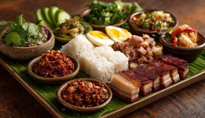 Obraz premium Traditional Indonesian Nasi Uduk Meal with Various Side Dishes.