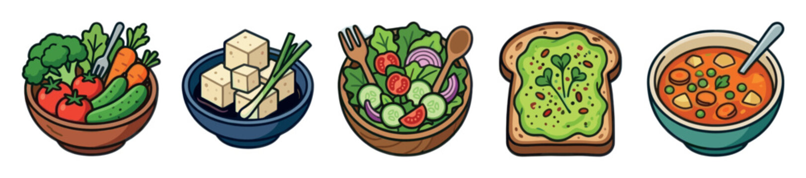 A collection of stylized, cartoon-like icons representing healthy and vegetarian food items including fresh vegetables, tofu, salad, avocado toast, and soup on a white background.
