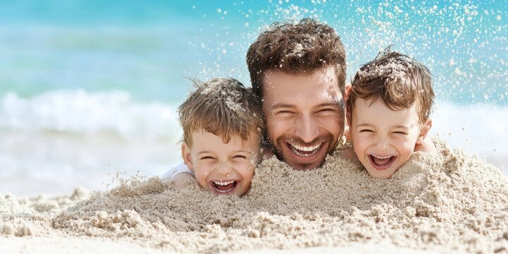 A joyful father and his two young sons laugh as they are buried up to their necks in sand at the beach on a sunny day.