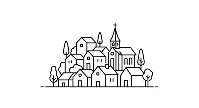 Minimalist line art illustration of a charming village or small town with houses, trees, and a church steeple
