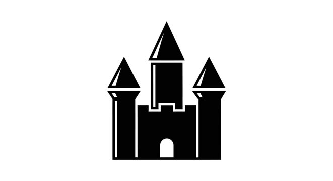 Black silhouette icon of a majestic medieval castle with three pointed towers. Simple fantasy fortress symbol illustration.
