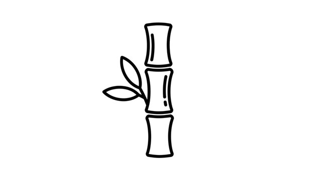 Minimalist black outline bamboo stalk with two leaves, nature plant line art vector illustration icon for wellness and ecology.