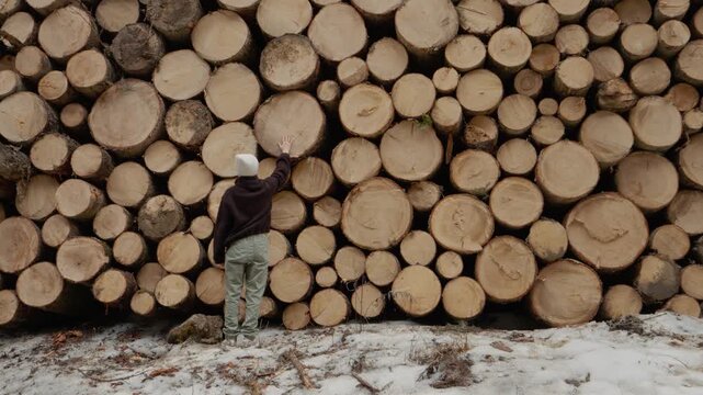 A woman stands in a forest and looks at a tall wall of stacked wooden logs. She approaches the logs and gently puts her hand on two of the logs.