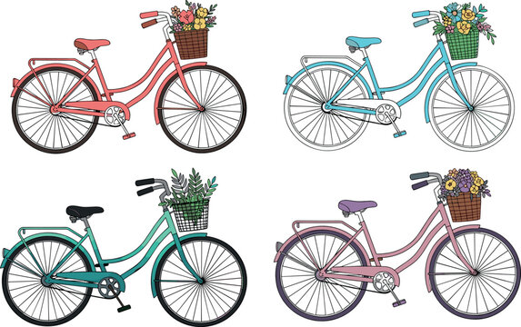 Cute Bicycle Set with Floral Baskets in Pastel Colors for Spring, Vintage, and Outdoor Lifestyle Designs