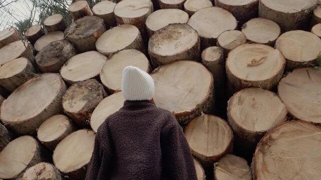 A woman stands in front of a tall wall made of stacked logs in a forest. She observes the wooden circular cuts in the natural setting.