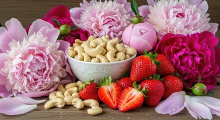 Fototapeta premium A vibrant arrangement of strawberries, cashews, and pink flowers on a wooden surface. The strawberries are fresh and sliced, while the cashews are in a bowl, and the flowers are in full bloom, 