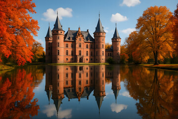 Obraz premium Majestic fairytale castle reflected in calm lake surrounded by vibrant autumn foliage during sunny day