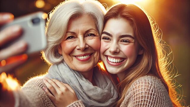 Video of grandmother and teenage granddaughter smiling taking selfie outdoors, joyful bonding moment in warm natural light