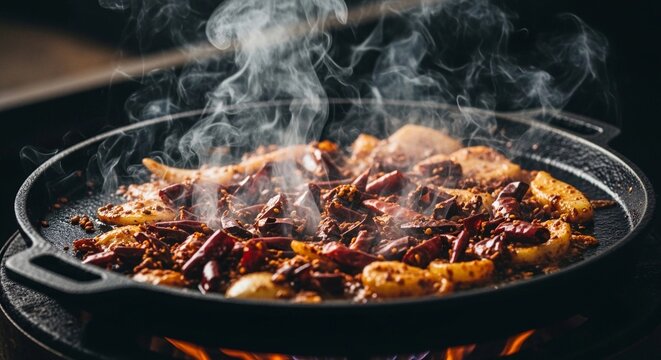 Steaming hot stir-fry with vibrant red chilies and rich spices on a cast iron pan, flames below.