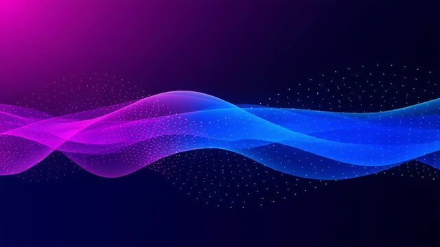 Abstract flowing waveform made of colorful dots with gradient pink purple and blue, dynamic futuristic motion background