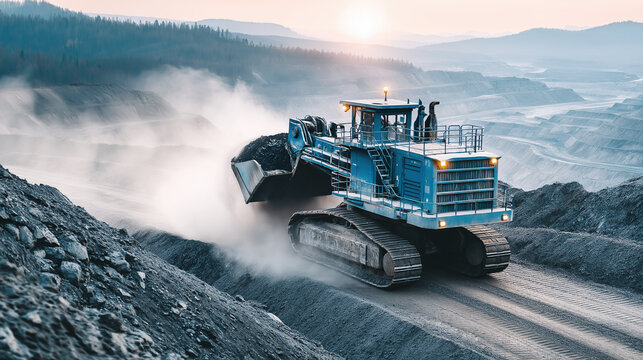  Massive blue crawler excavator moves heavy earth beneath dramatic misty sunrise sky.