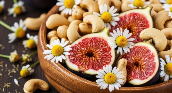 A wooden bowl filled with halved figs, cashews, and daisies, arranged on a dark surface with scattered daisies around. The figs are vibrant red with a textured interior