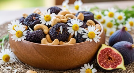 Fototapeta premium A wooden bowl filled with dried figs, cashews, and daisies, surrounded by more daisies and figs on a woven mat. The setting is outdoors with a blurred background of greenery and flowers. 