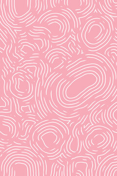Abstract white organic line pattern on pink background. Modern hand-drawn topographic ripple design in pastel pink. Minimalist doodle wave texture for wallpaper and backgrounds. 