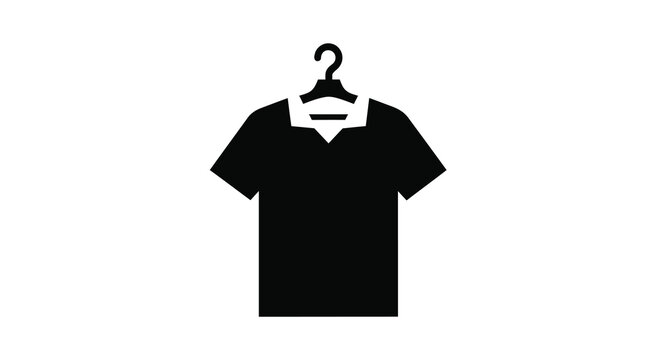 A simple black silhouette depicts a short sleeved polo shirt hanging on a clothes hanger