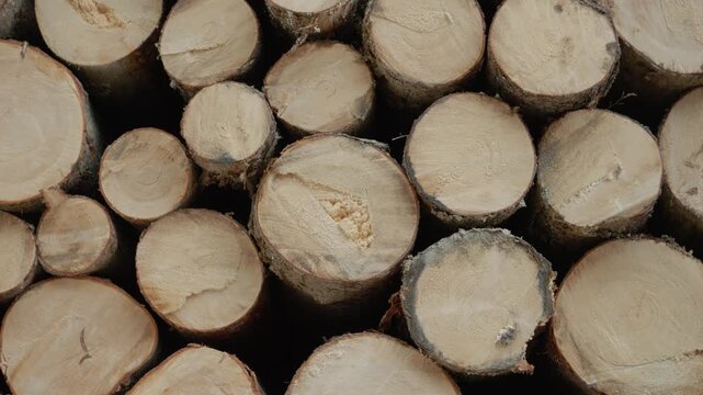 Wooden logs are stacked in the forest showing their annual rings on a stump. The natural setting highlights the texture and pattern of the wood.