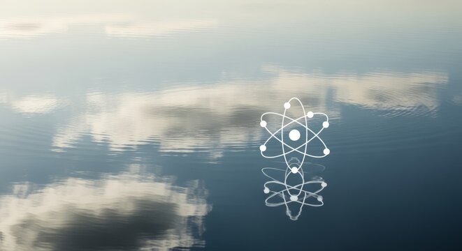 Abstract atomic structure reflected on calm water surface with sky clouds