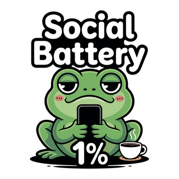 Social Battery Low Funny Frog Cartoon Illustration. Cute Frog Holding Phone Low Battery 1 Percent Design. Low Energy Social Battery Cute Animal Cartoon Design. 