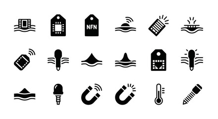 Black icons set, magnetic symbols, thermal signs, and weather elements, 20 vector graphics