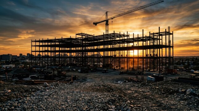 Vast steel framework of a sprawling construction site at sunset, with a towering crane in operation