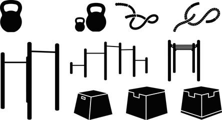 Black Silhouette Flat Vector Illustration Set of Gym and Fitness Equipment Featuring Kettlebells Heavy Battle Ropes Calisthenics Pull Up Bars and Plyometric Boxes for Workout Training © Suronjit