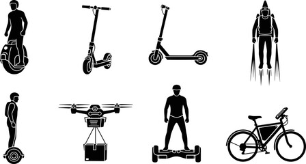 Black silhouette vector illustration collection of modern personal transportation devices including electric kick scooters, hoverboards, unicycles, delivery drones, jetpacks, and smart bicycles. © Suronjit