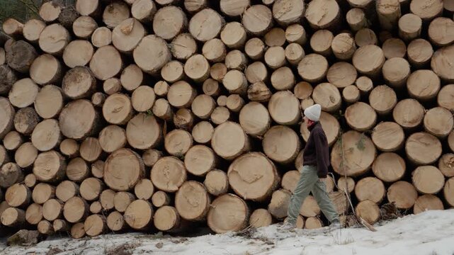 A woman walks along a wall of stacked wooden logs in a forest. Snow covers the ground as she moves past the circular cuts of the logs.