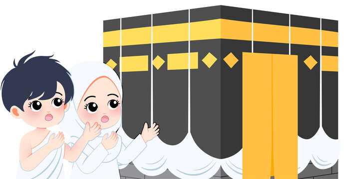 muslim kids praying at kaaba in mecca