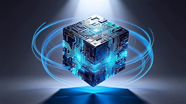 Circuit cube with glowing lines