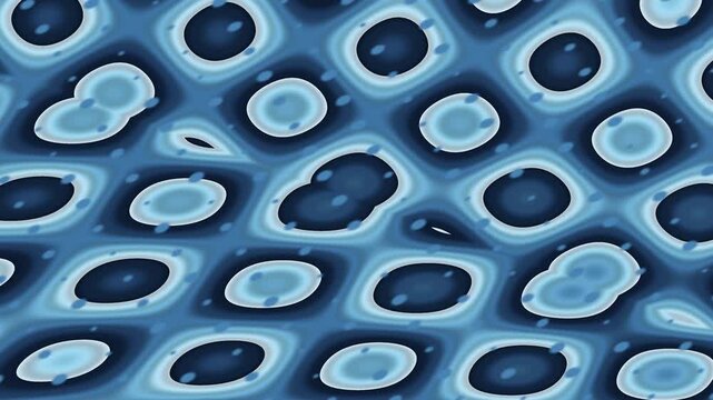 A blue, abstract, repeating pattern of oval shapes within grid-like frames