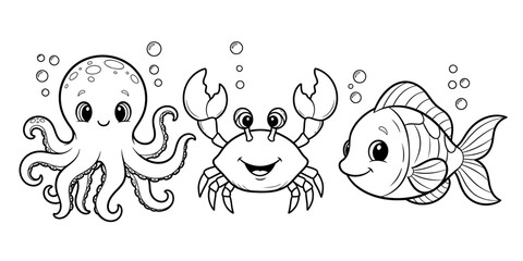 Whimsical underwater scene with octopus crab and fish silhouette style © graphixarrow