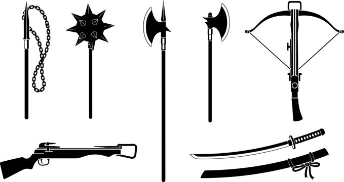 Collection of Medieval and Ancient Weapon Silhouettes Featuring Halberd, Morning Star, Katana, Crossbow, and Arquebus Rifle Icons Isolated on a Clean White Background