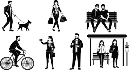 Obraz premium Flat black and white vector illustration set of diverse urban people walking dog, shopping, riding bicycle, taking selfie, sitting on bench, and waiting at bus stop.