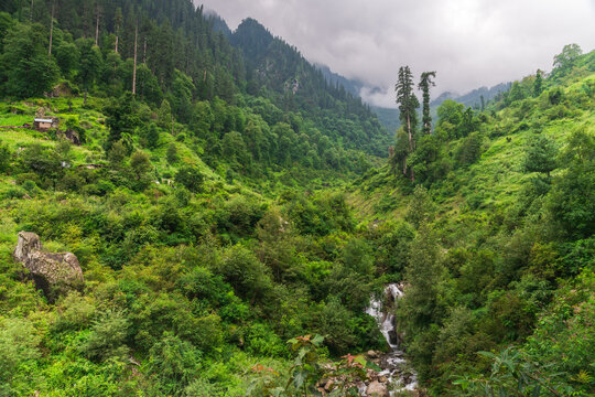 Mountain water stream in Shilha village, Himalayan valley with dramatic landscape Himachal Pradesh India