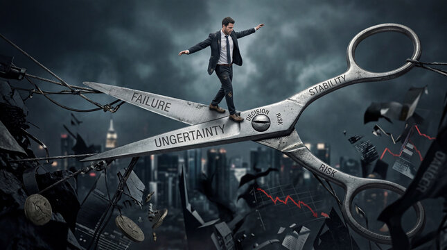 Risk and Danger Concept with Person Balancing on Thin Line Between Scissors Blades, Business Uncertainty and Critical Decision Making