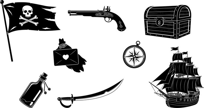 Pirate adventure elements set featuring jolly roger flag skull and crossbones flintlock pistol treasure chest wooden ship compass cutlass sword and message bottle silhouette.