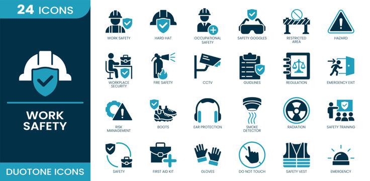 Work safety icon set. CCTV, fire safety, hard hat, work safety, workplace security, safety goggles, emergency exit, hazard, ear protection, boots, gloves, Duotone vector icons collection.