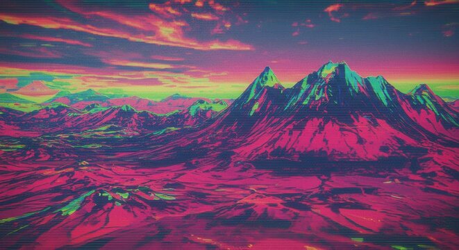Glitchscape Peaks of magenta and teal rise under a distorted sunset sky