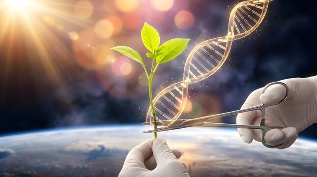 Scientist in gloves performs genetic modification on small green plant shoot with glowing dna strand for agriculture improvement above planet earth surface