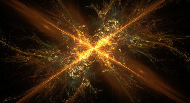 Golden bloom of energy fractal tendrils burst from a bright core