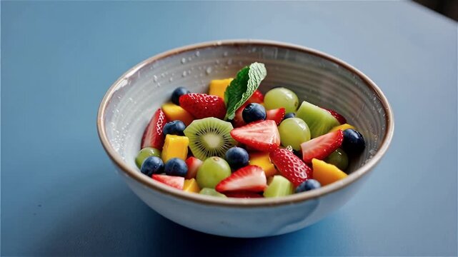 bowl of fresh fruit salad on blue background