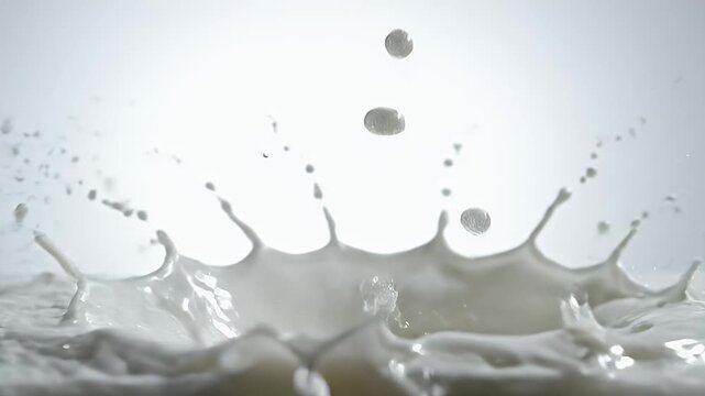 Milk splashing, creating a crown shape with droplets in motion