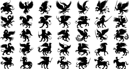 Fototapeta premium Vector Silhouette Collection of Mythical Creatures Featuring Griffins Hippogriffs and Chimeras with Weapons for Heraldic Design Fantasy Illustration and Creative Graphic Art Stock Projects