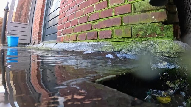 Video cleaning and scrubbing the deck floor into a drain.