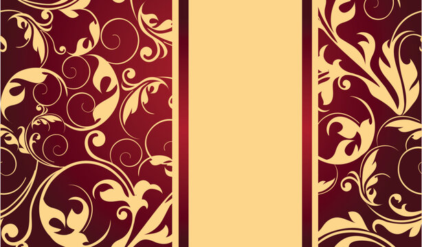 Ornate damask pattern in gold and dark red with a central cream panel, creating a luxurious and vintage decorative border suitable for elegant invitations or signage.