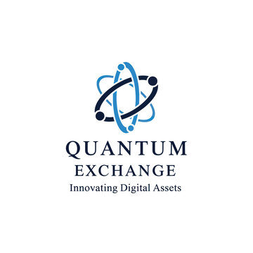Quantum Exchange Logo Featuring an Atom Symbol with Innovating Digital Assets Slogan.