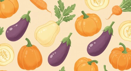 Fototapeta premium Harvest bounty Pumpkins squash eggplants on light beige rustic cozy pattern