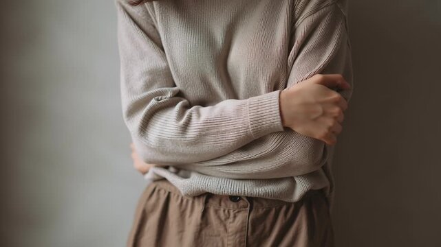 close-up of woman placing hand on stomach, simple background, soft neutral tones, minimal composition, natural light, focus on body language and discomfort, realistic photo style, copy space for text