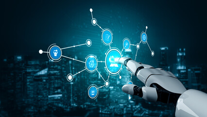 Fototapeta premium A robotic hand engages with a virtual interface displaying technology icons, exemplifying the harmony of automation and advanced connectivity in today digital landscape. Tessel