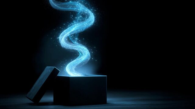 An open box releases a swirling blue light against a dark background with visual effects